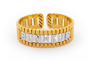 Italian "BONHEUR" 18K Yellow Gold Diamond Cuff