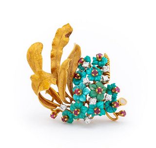 18K Turquoise Diamond Ruby Floral Brooch