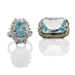 AQUAMARINE 18K WHITE GOLD RING AND BROOCH
