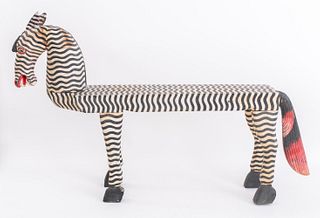 Folk Art Zebra Wood Painted Bench or Side Table