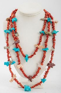 Zuni Native American Coral Carved Fetish Necklace