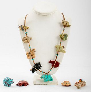 Zuni Carved Stone Heishi Necklace & Fetishes, 5