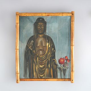 Antique Still Life Painting of Buddha Statue & Floral Vase in Bamboo Frame c1920