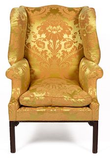 ENGLISH GEORGE III CARVED MAHOGANY WING-BACK EASY CHAIR