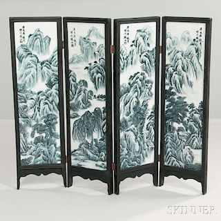 Four-panel Floor Screen with Blue and White Plaques 四折青花山水落地屏風