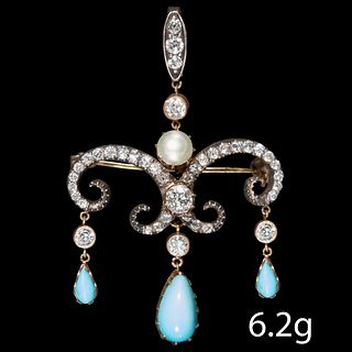 VICTORIAN PEARL TURQUOISE AND DIAMOND DROP PENDANT/BROOCH
