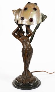 ART NOUVEAU FIGURAL SHELL-SHADE LAMP