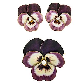 ENAMELED GOLD DIAMOND PANSY SUITE BY HEDGES