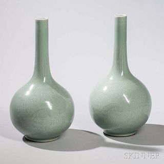 Pair of Celadon Bottle Vases 青釉划花膽瓶一對