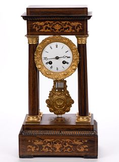 FRENCH NAPOLEON III-STYLE MARQUETRY-INLAID ROSEWOOD PORTICO SHELF CLOCK
