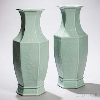 Pair of Large Celadon-glazed Vases 青釉六方瓶一對