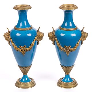FRENCH ORMOLU-MOUNTED PORCELAIN PAIR OF BOLTED MANTLE URNS