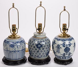 CHINESE EXPORT PORCELAIN GINGER JAR ELECTRIC TABLE LAMPS, LOT OF THREE