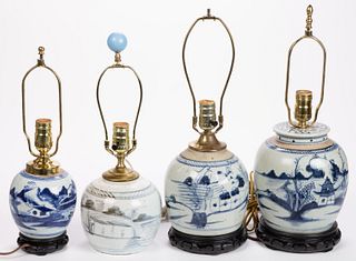 CHINESE EXPORT PORCELAIN GINGER JAR ELECTRIC TABLE LAMPS, LOT OF FOUR