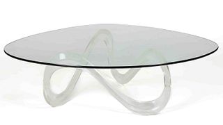 MID-CENTURY MODERN SHLOMI HAZIZA "INFINITY" LUCITE AND GLASS COFFEE TABLE