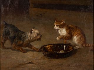 LOUIS CONTOIT (AMERICAN, 19TH CENTURY) BARN SCENE WITH YORKSHIRE TERRIER AND CAT