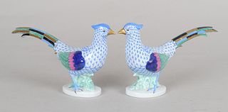 Pair of Herend Porcelain Blue Fishnet Pheasants