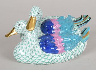 Herend Porcelain Green Fishnet Group; Two Ducks