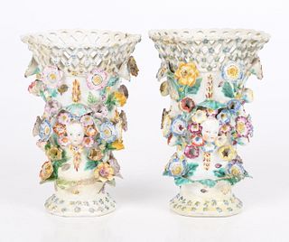 Pair of English Bow Flower Encrusted Vases