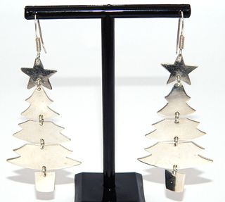 .925 Sterling Silver Christmas Tree Dangling Earrings