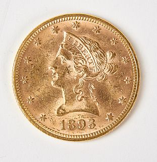 1893 Ten Dollar Gold Liberty Coin, MS60, Raw