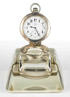 CROSS DESK CLOCK AND GLASS INKWELL WITH ENGLISH STERLING SILVER MOUNTS