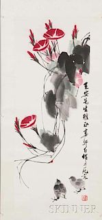 Hanging Scroll Depicting Morning Glories and Chicks 牽牛花與小雞掛卷