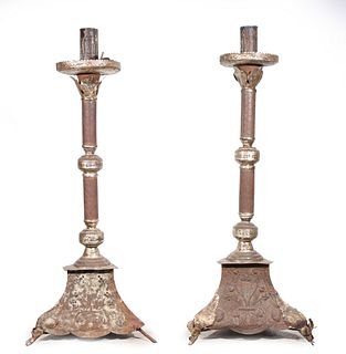 Pair Large Antique Gilded Torchiere Candlesticks