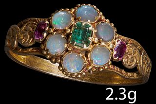 ANTIQUE OPAL, EMERALD AND RUBY CLUSTER RING 