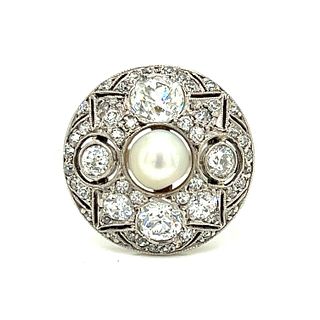 Platinum Art Deco Diamond Pearl Ring