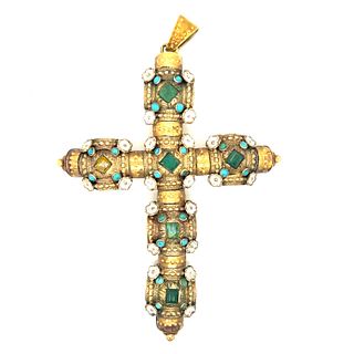 Victorian 18k Enamel Emerald Cross Pendant
