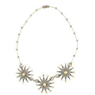 Edwardian 18k Platinum Diamond Star Pearl Star Necklace