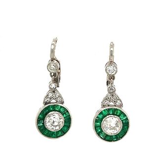Platinum Emerald Diamond Dangle Earrings