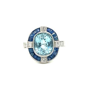 Platinum Aqua Diamond Sapphire Oval Ring