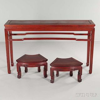 Hardwood Corner-leg Table and Pair of Fan-shaped Stools 硬木條案 扇椅一對