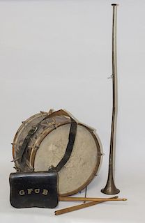 PARADE DRUM, BLACK-STAINED LEATHER SHOULDER BAG, AND A BRASS HORN