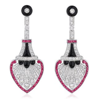 Ruby Onyx and Diamond Earrings, Art Deco Style