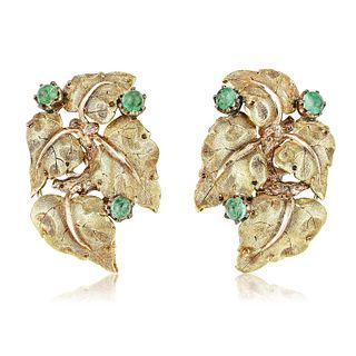 Buccellati Emerald and Gold Leaf Earrings, C 1960s