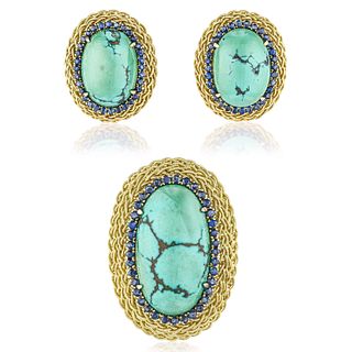 Turquoise and Sapphire Brooch and Earrings Set
