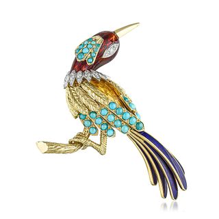 Turquoise Enamel and Diamond Bird Brooch, French