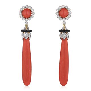 Coral Onyx and Diamond Earrings