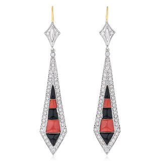 Coral Onyx and Diamond Earrings
