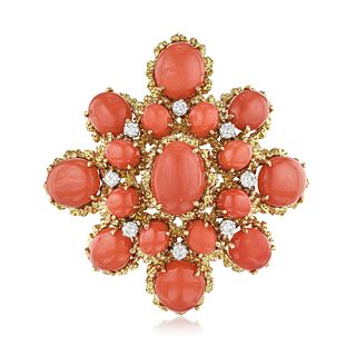 Vintage Coral and Diamond Gold Brooch/Pendant