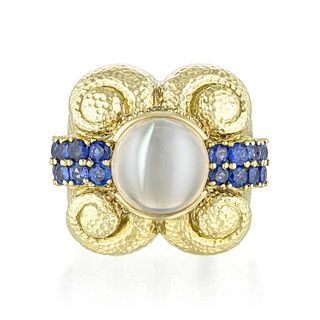 David Webb Cat's Eye Moonstone and Sapphire Cocktail Ring