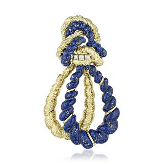 Wander Vintage Lapis Lazuli and Diamond Knot Brooch, French, C 1970s