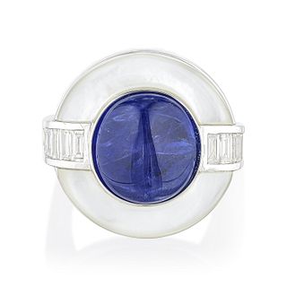 7.04-Carat Burmese Unheated Sapphire Mother of Pearl and Diamond Ring, AGL Certified