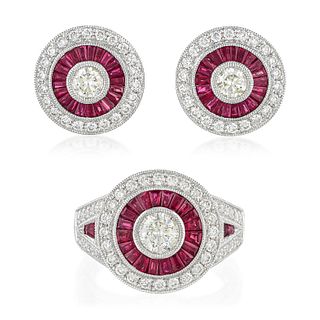 Ruby and Diamond Ring and Earrings Set
