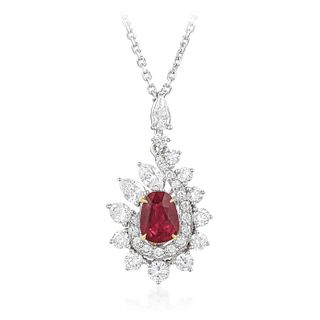 Burmese Unheated Pigeon's Blood Ruby and Diamond Pendant Necklace, GRS Certified