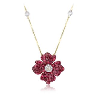 Ruby and Diamond Flower Pendant Necklace