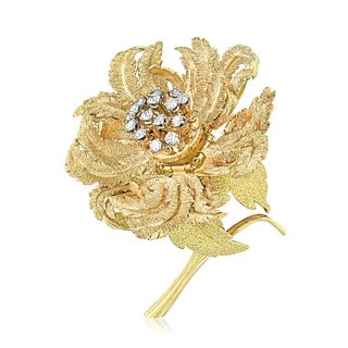 Blooming Flower Diamond Gold Brooch, French